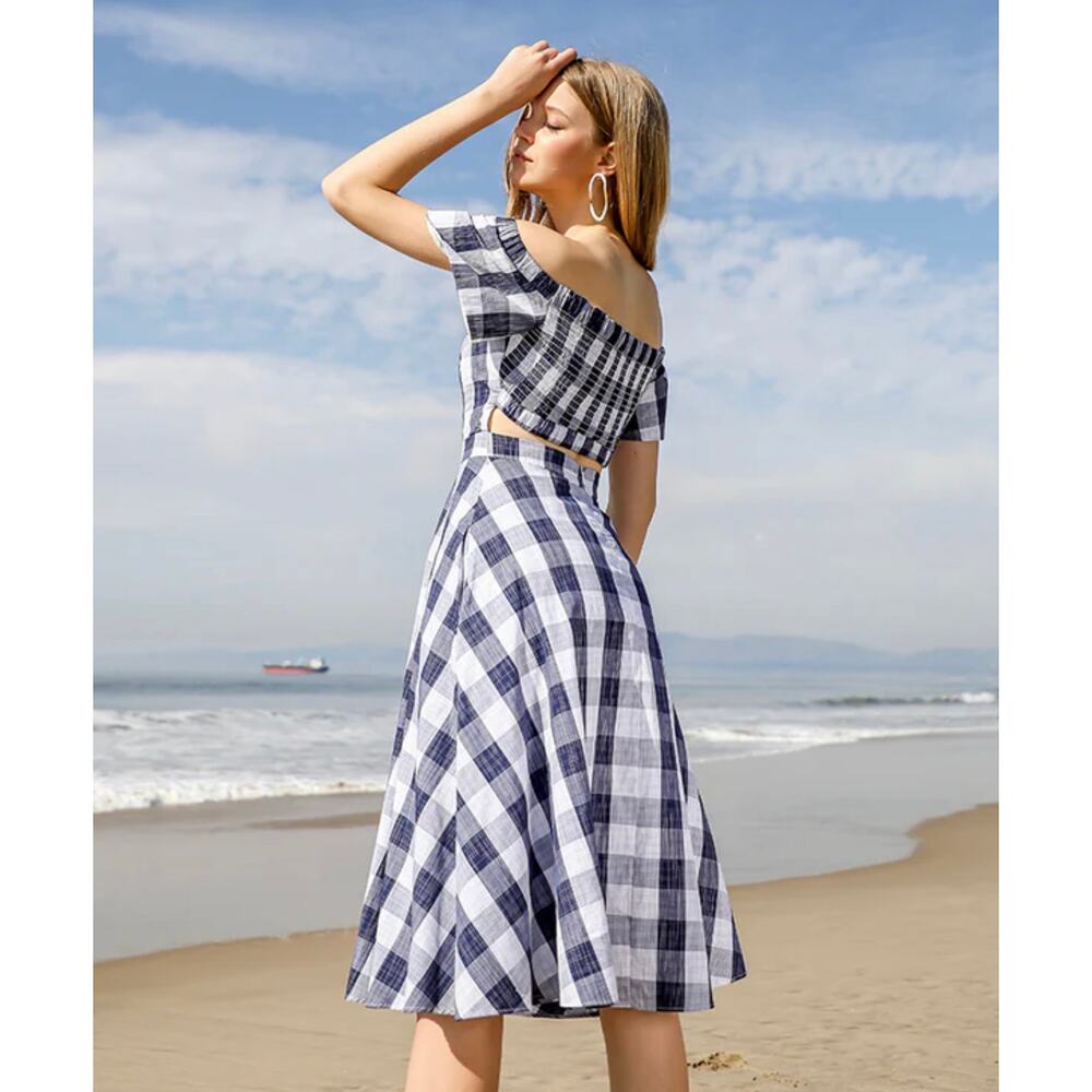 Adelyn Rae Daisy Dress Size Medium Gingham Off Shoulder Open Back Blue White - Picture 15 of 15